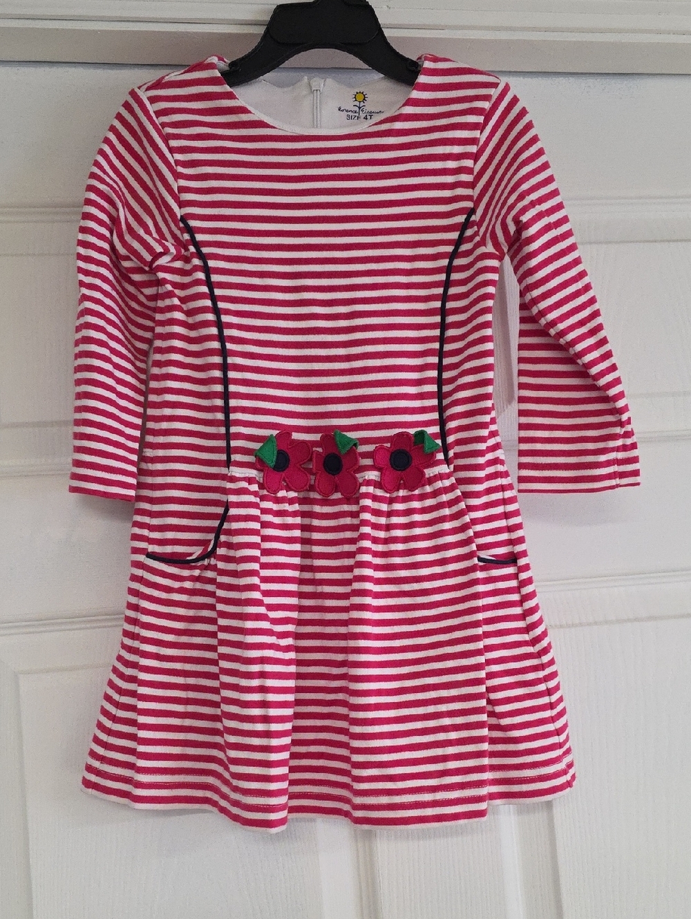 Florence Eiseman Pink and White Striped Floral Appliqué Dress